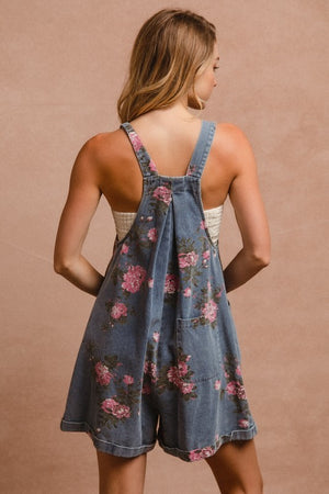 BiBi Flower Printed Wide Strap Denim Overalls